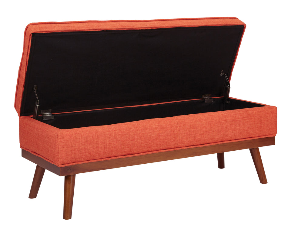 kathy orange tweed fabric tufted storage bench open angle view