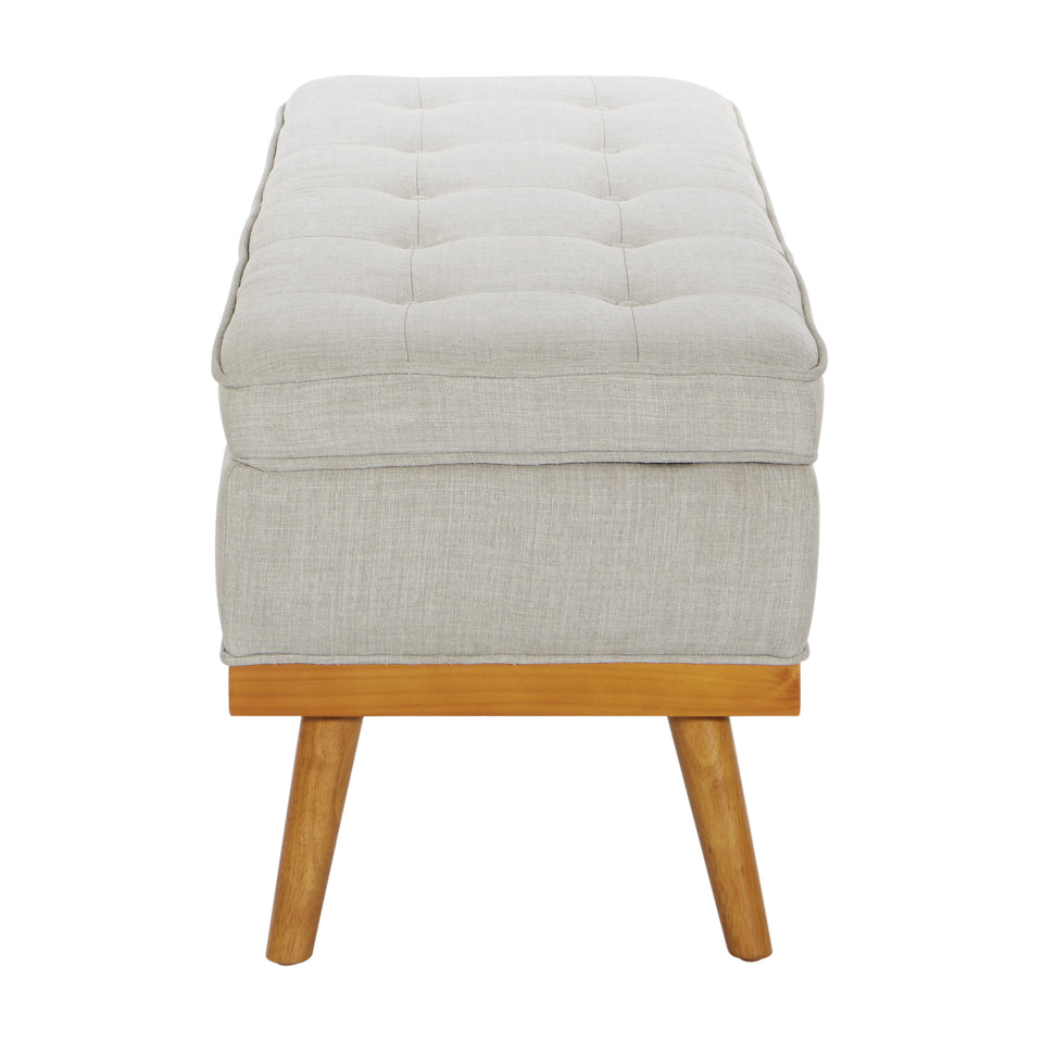 kathy oatmeal tweed fabric tufted storage bench closed side view