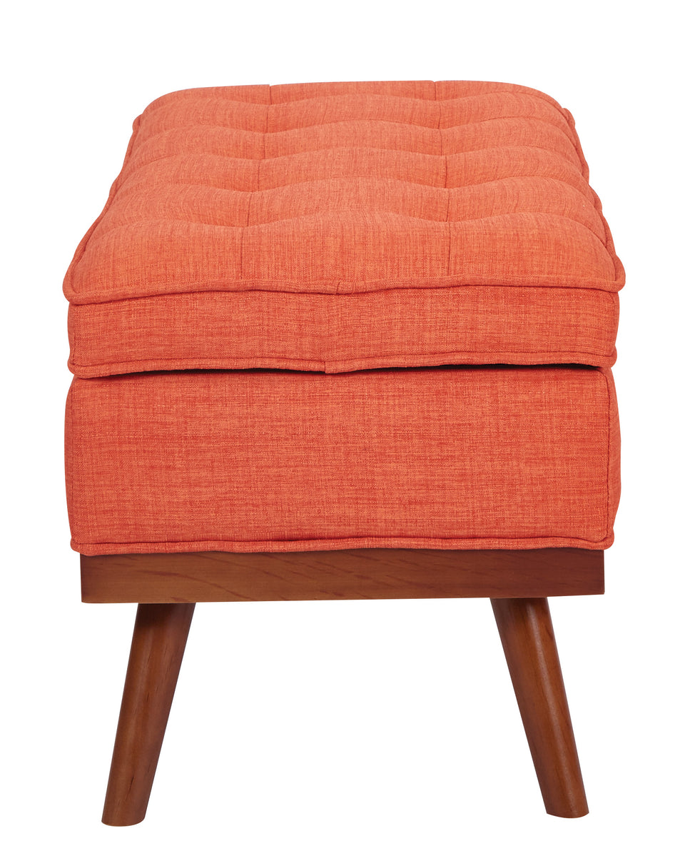 kathy orange tweed fabric tufted storage bench closed side view