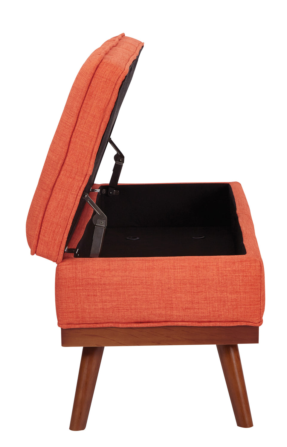 kathy orange tweed fabric tufted storage bench open side view