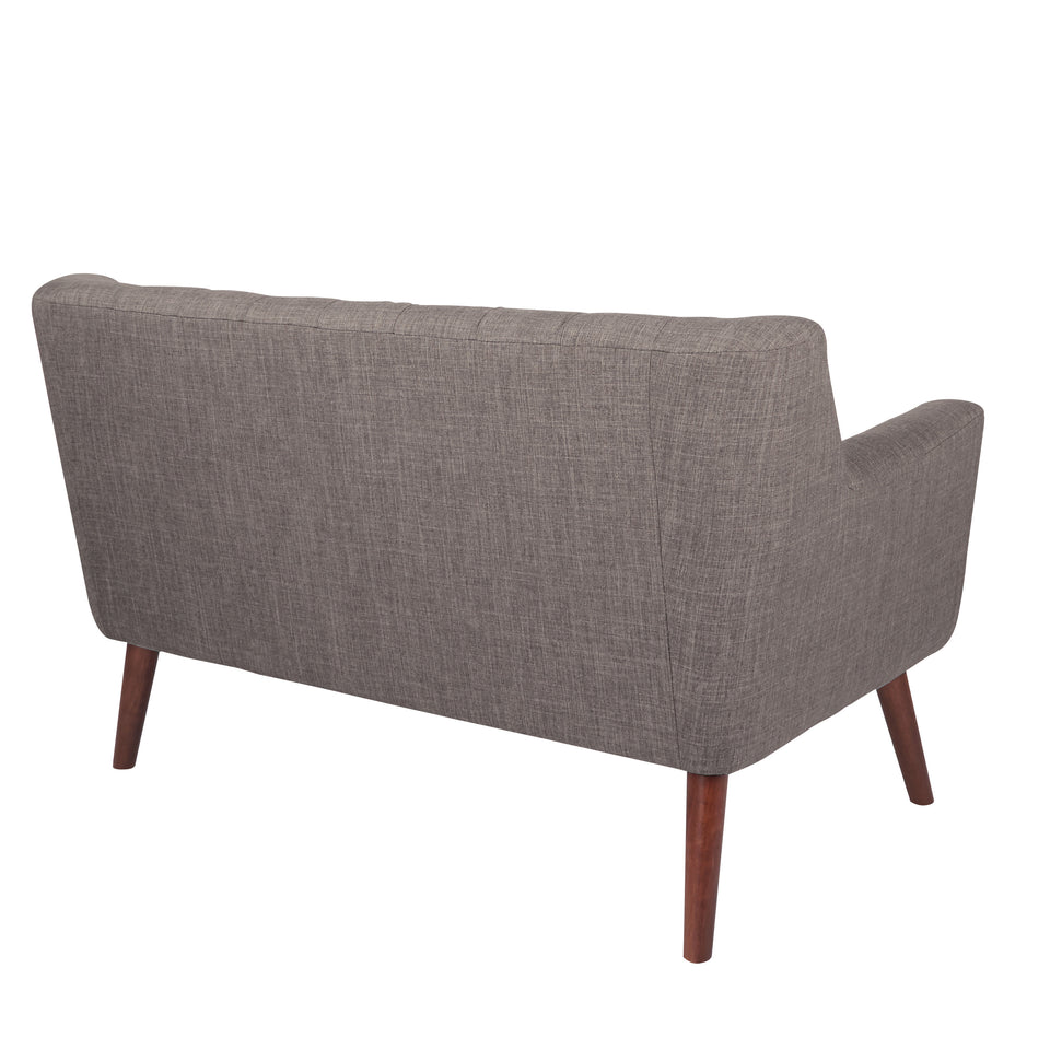 Milstein mid century modern tufted gray loveseat with cherry legs back angle view