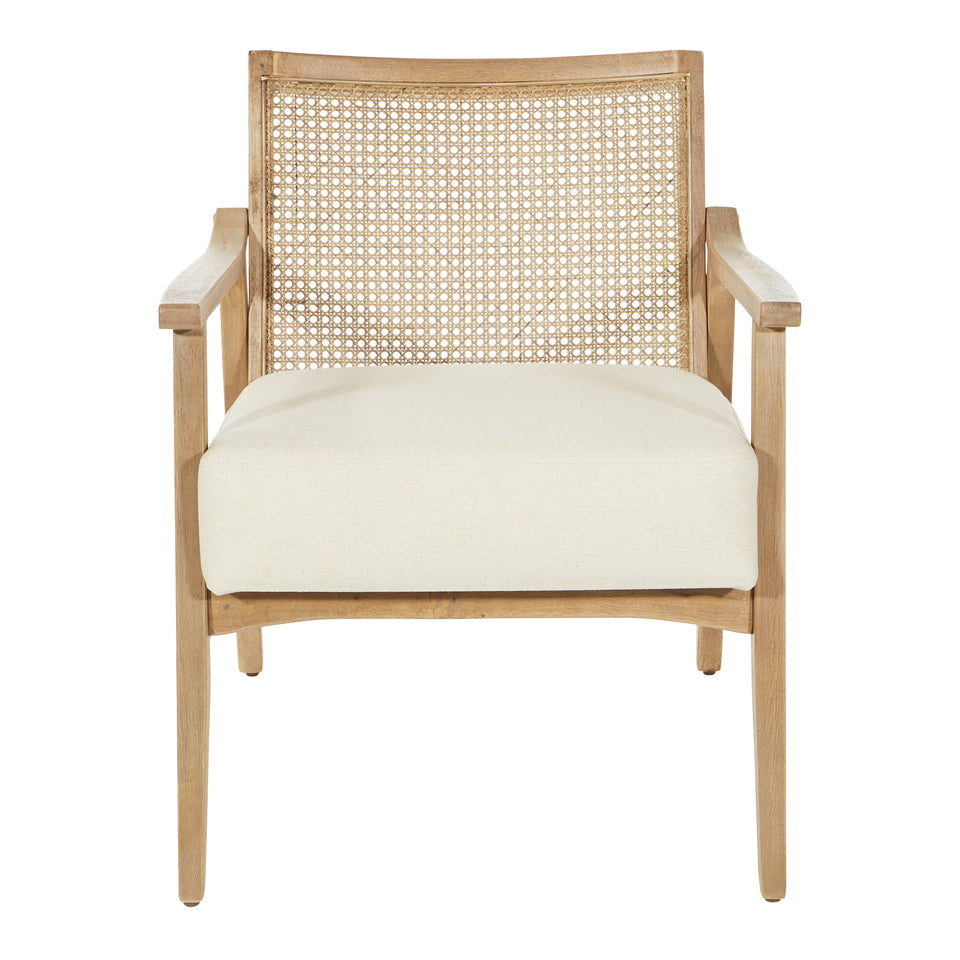 Rustic, solid wood frame, natural finish and deeply padded seating ensure a durability and comfort. The softly curved cane back provides visual interest and texture to distinguish your living room, family room or reading nook. front view
