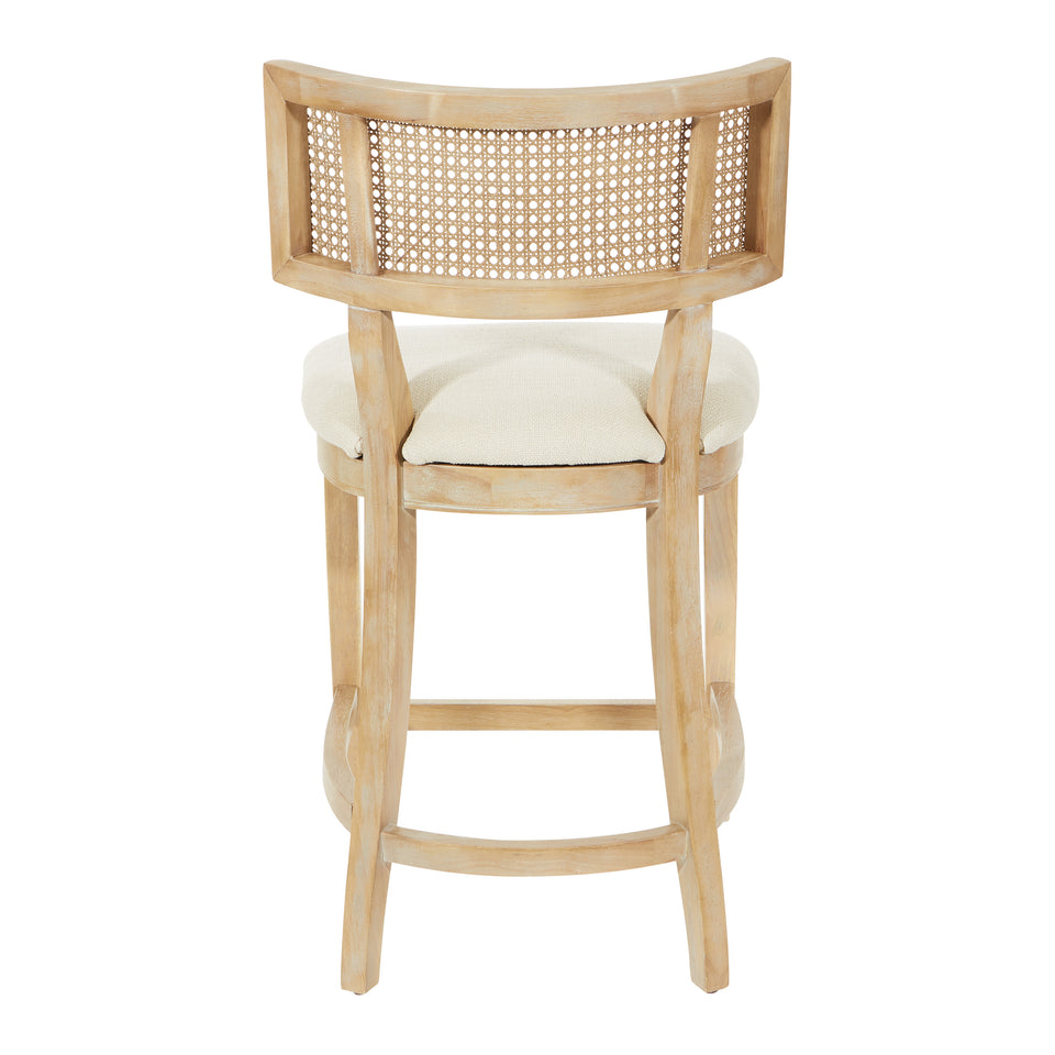 Rustic, solid wood frame, natural finish and deeply padded seating ensure a durability and comfort. The softly curved cane back provides visual interest and texture to distinguish your living room, family room or reading nook. counter stool back