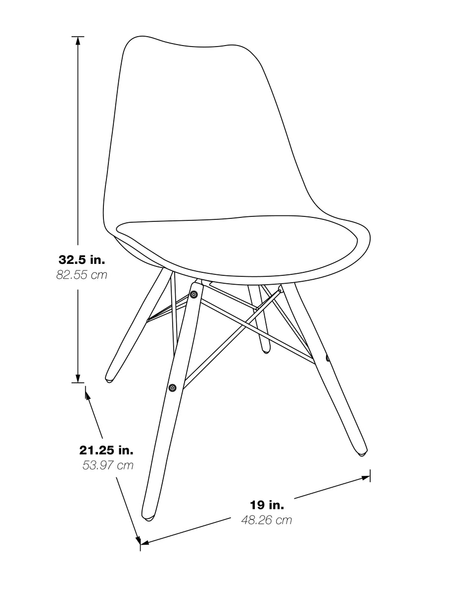 mid century modern aimes bucket chair with natural post legs scandinavian design inspired from decurban.com 3D dimensional drawing showing dimensions