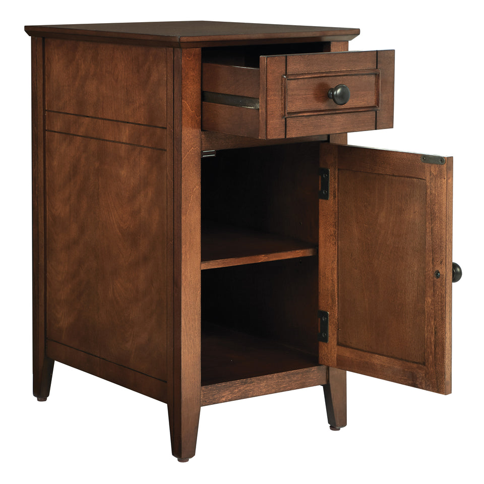 brook chestnut side table. Shutter style door and drawer with black knob. Open angle view. 