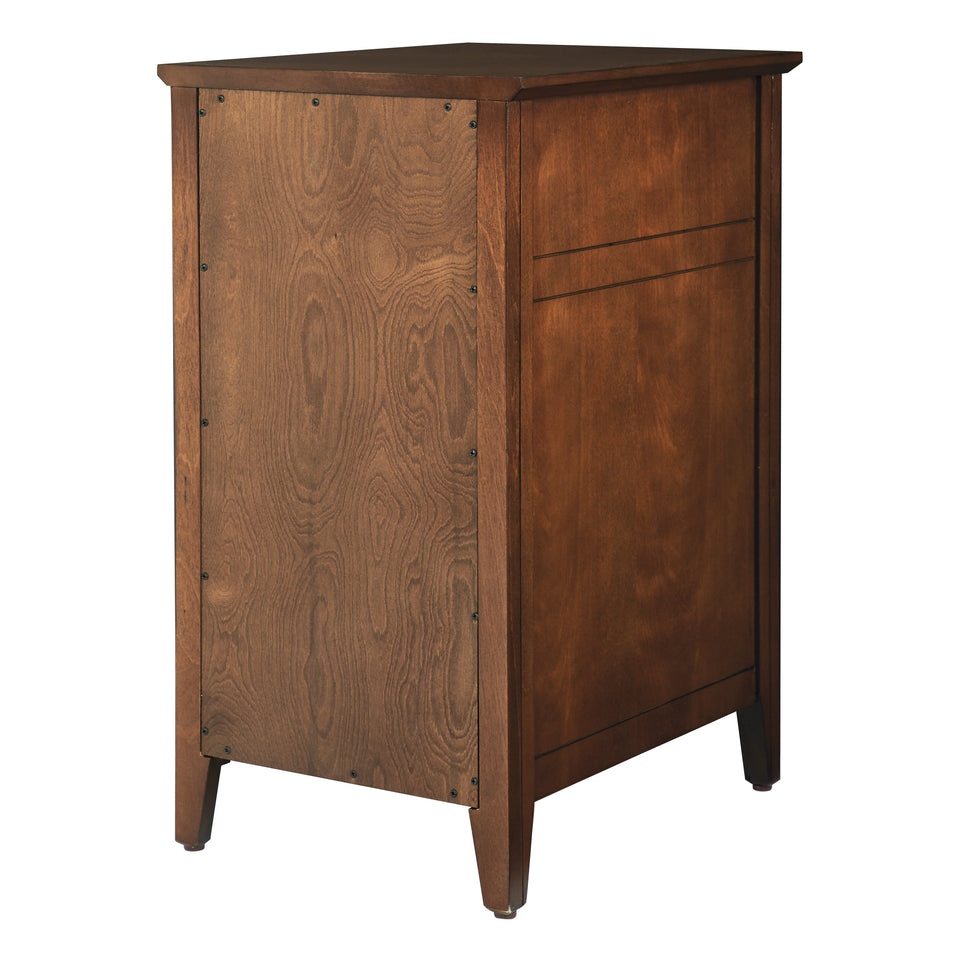 brook chestnut side table. Shutter style door and drawer with black knob. Back view. 