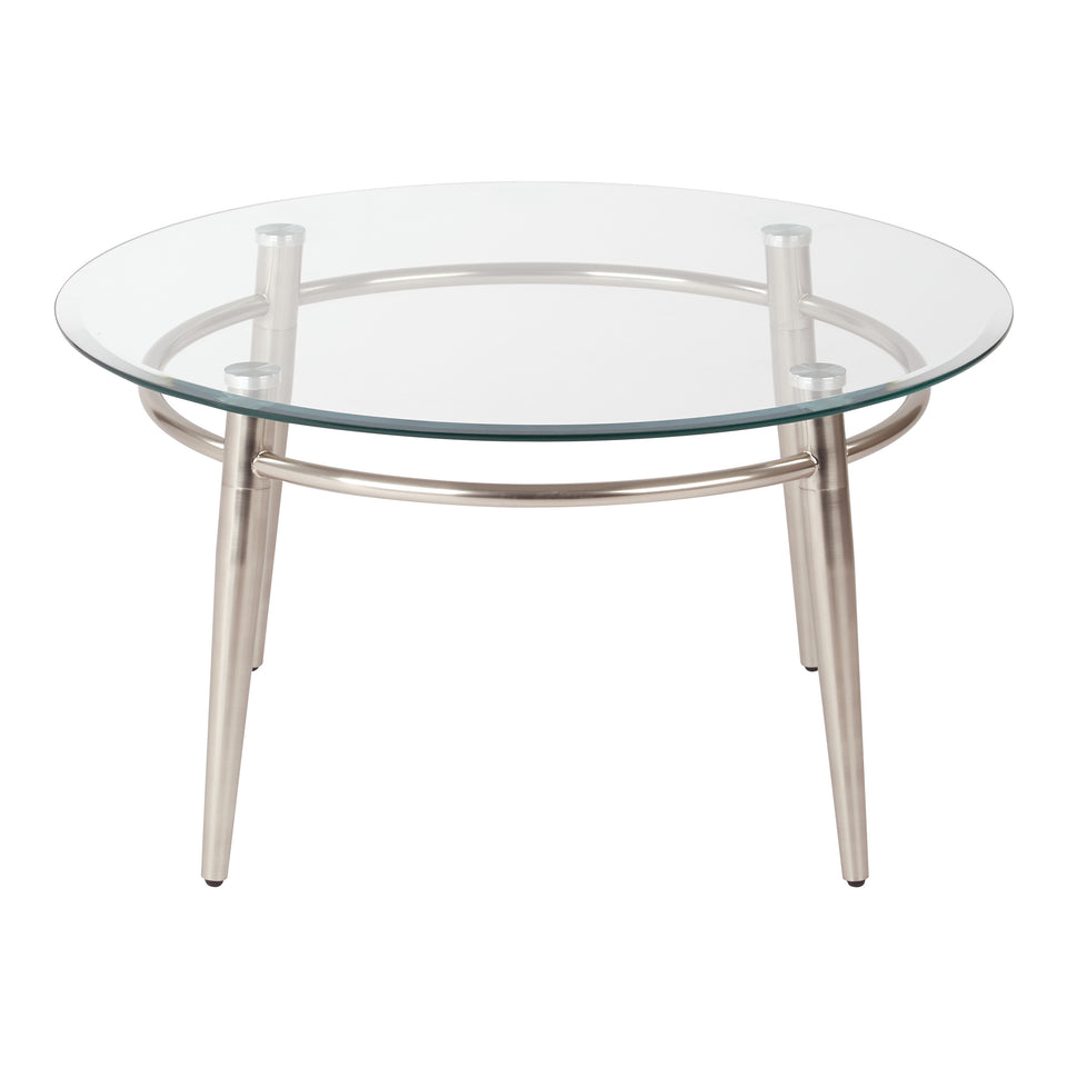 brooklyn round glass and brushed nickel coffee table front
