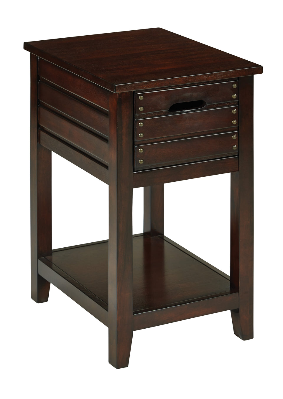 camille walnut side table with nailhead accents and single drawer
