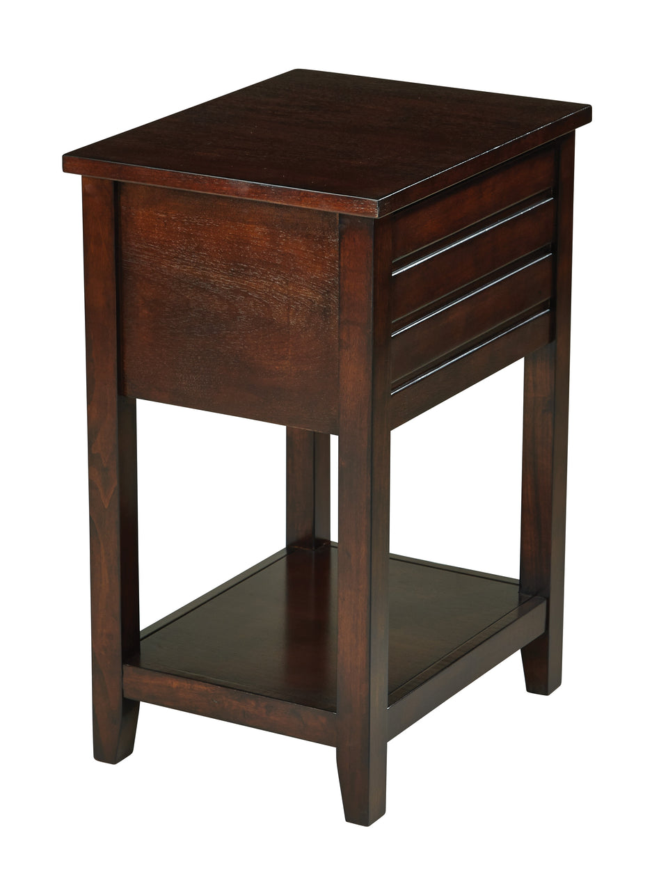 camille walnut side table with nailhead accents and single drawer back view