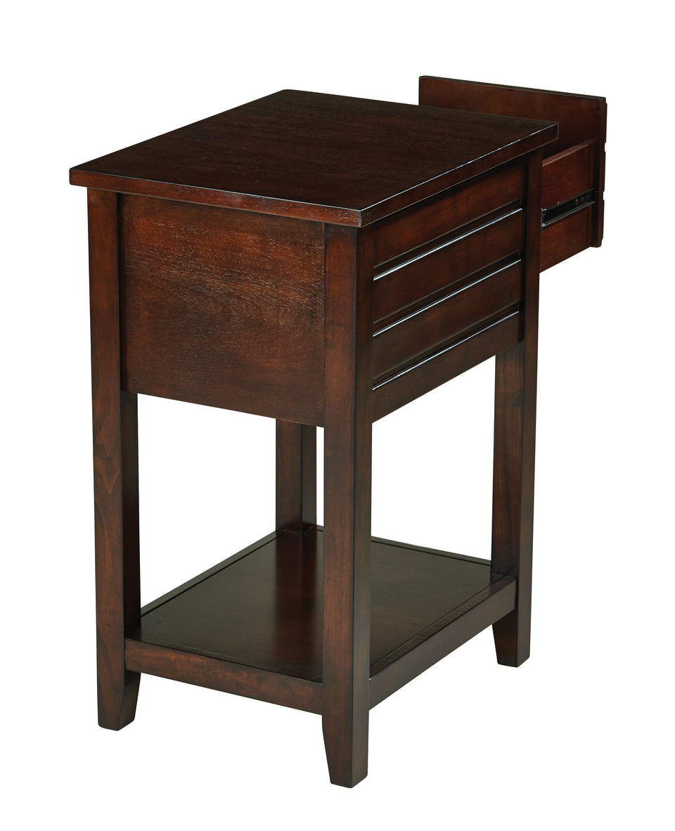 camille walnut side table with nailhead accents and single drawer open back view