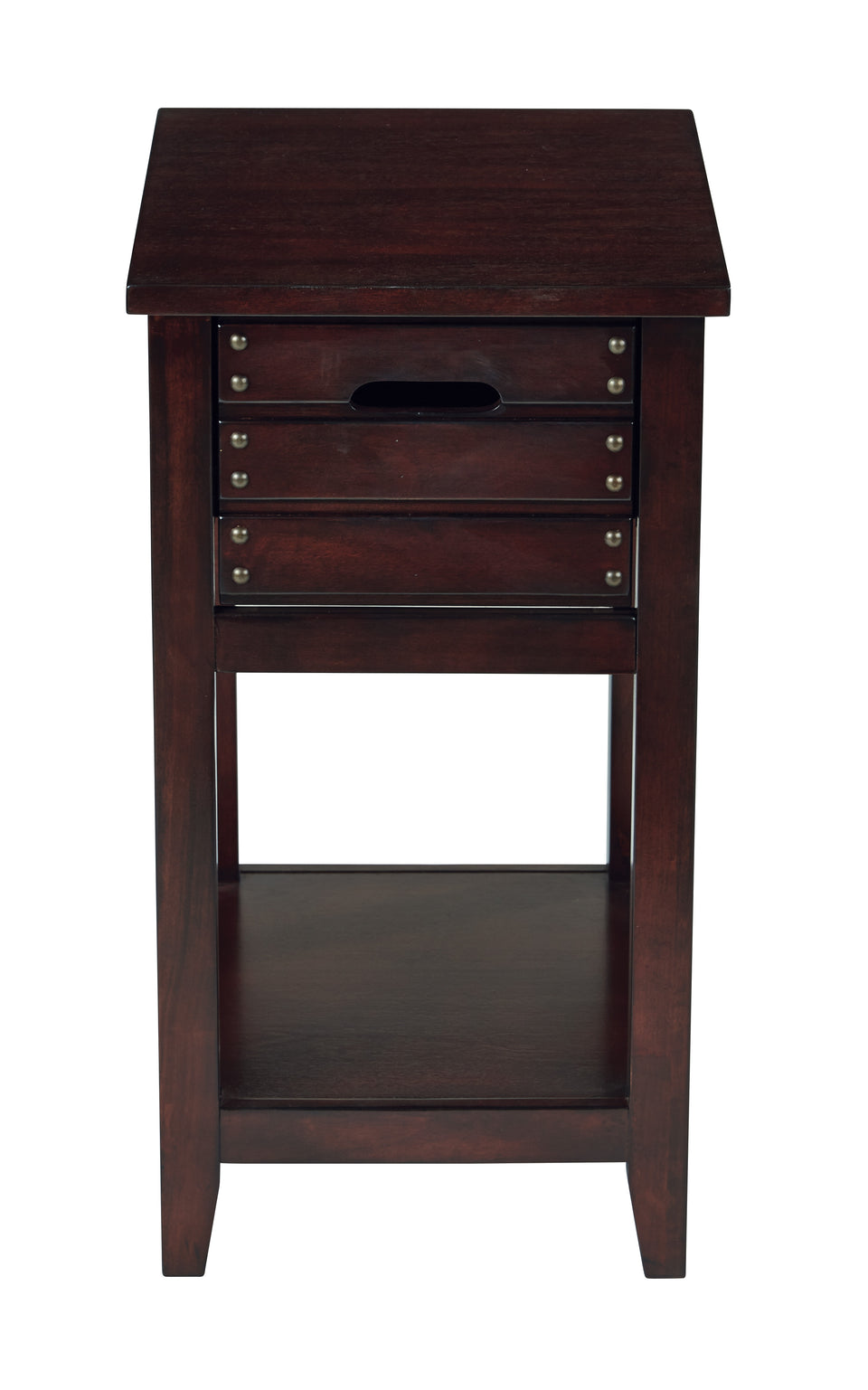 camille walnut side table with nailhead accents and single drawer front view