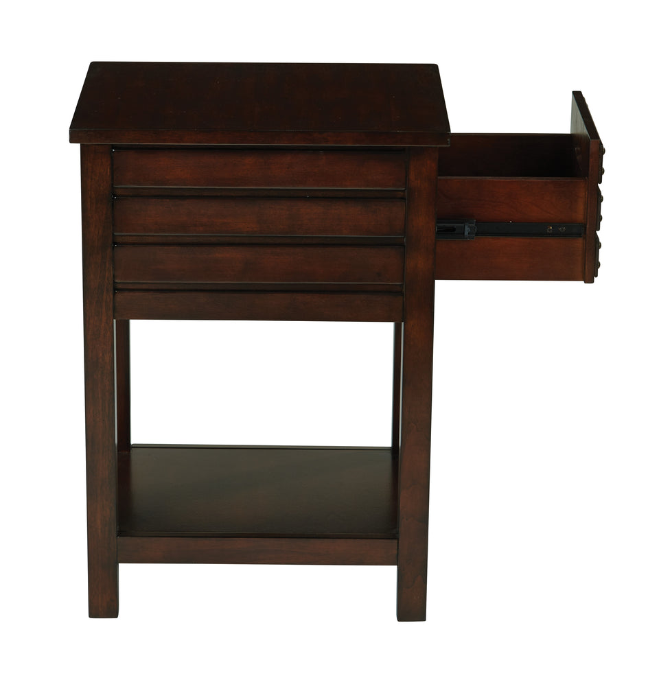 camille walnut side table with nailhead accents and single drawer open side view