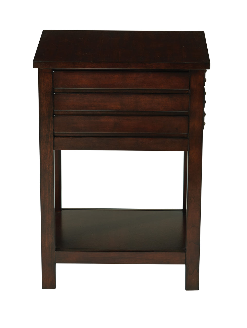 camille walnut side table with nailhead accents and single drawer side view