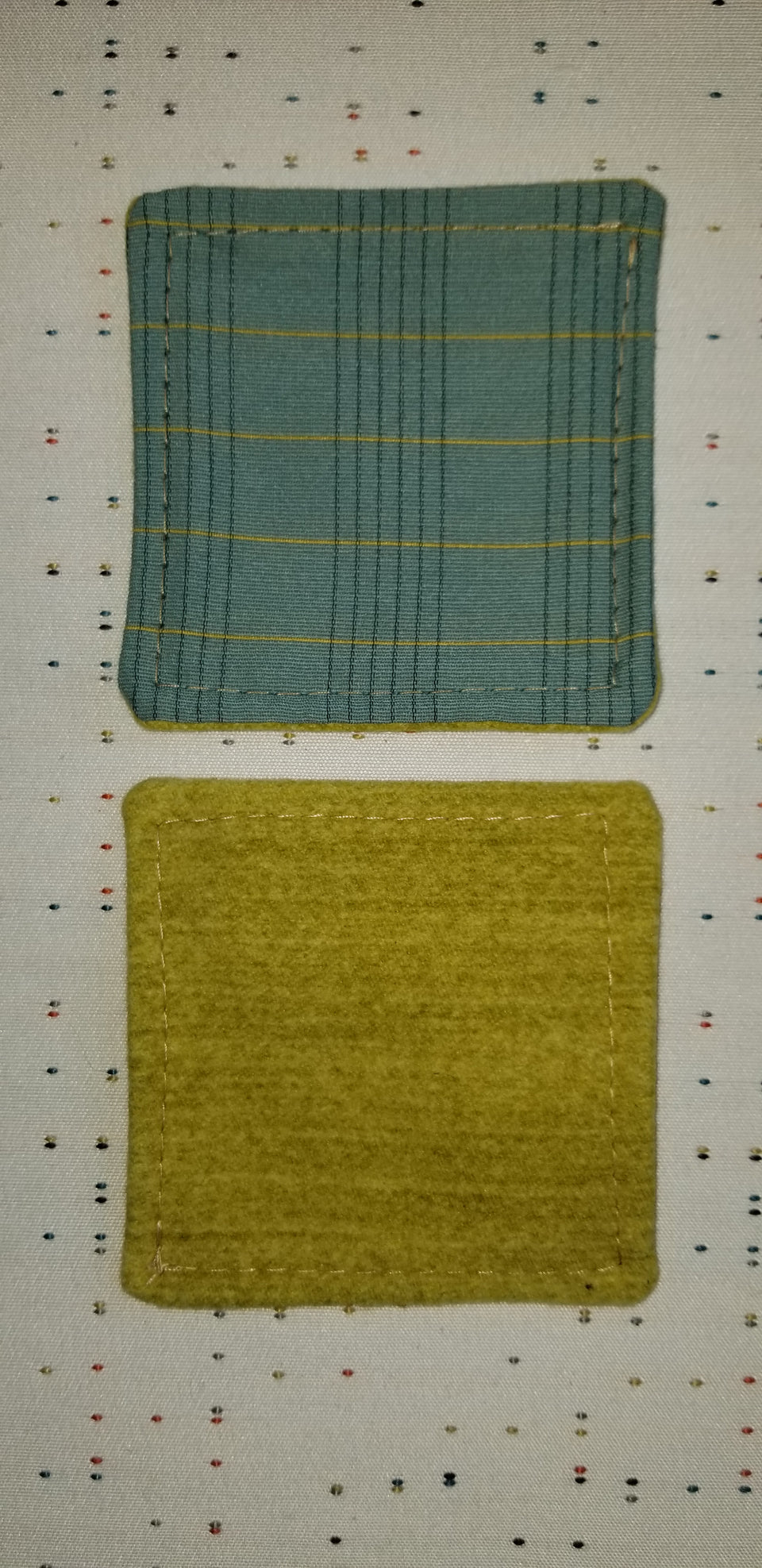 Charlie turquoise and lime green plaid coasters front and back detail.