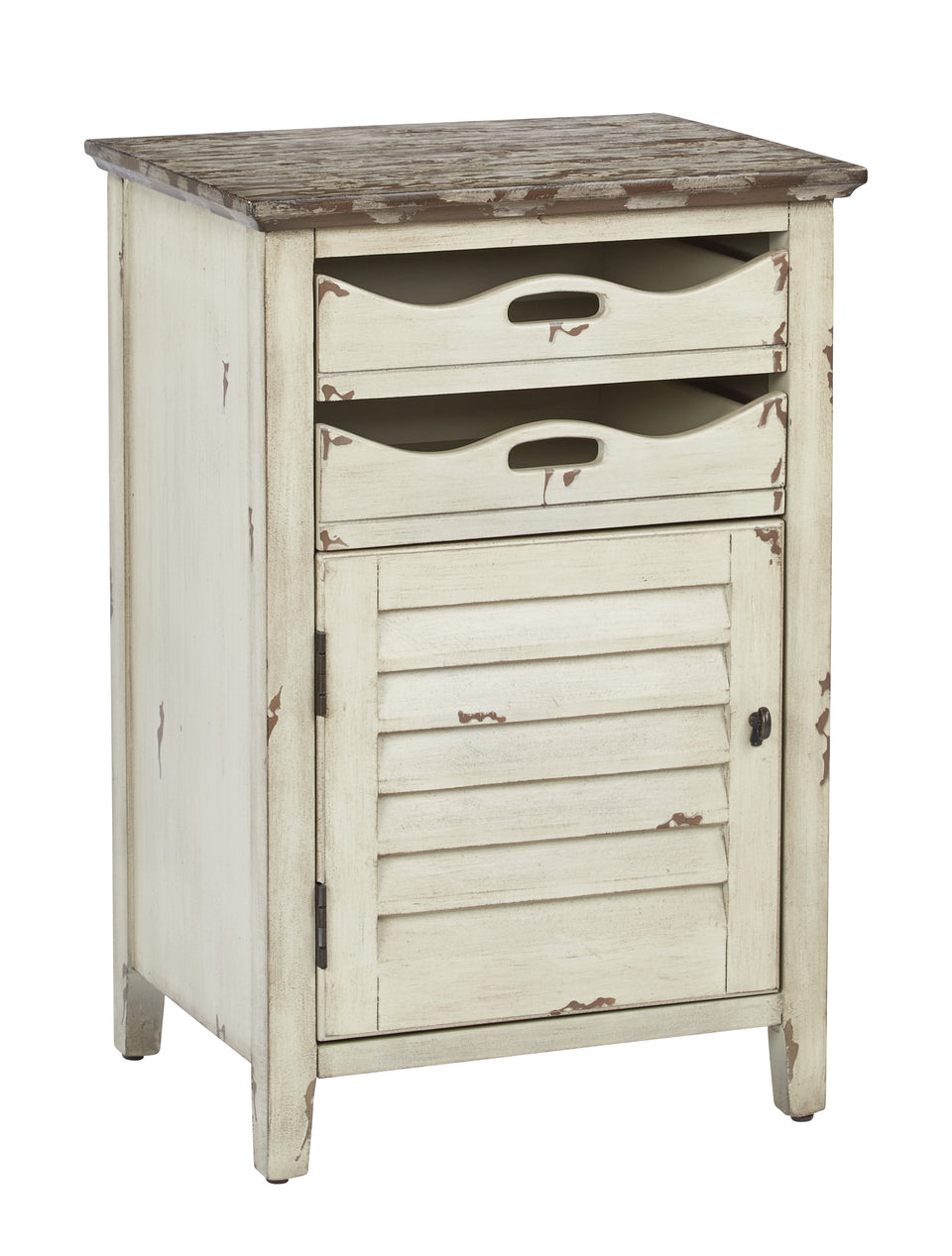 charlotte side table shutter door and two letter tray slide out drawers in distressed white