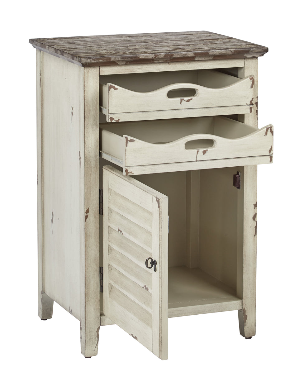 charlotte side table shutter door and two letter tray slide out drawers in distressed white open
