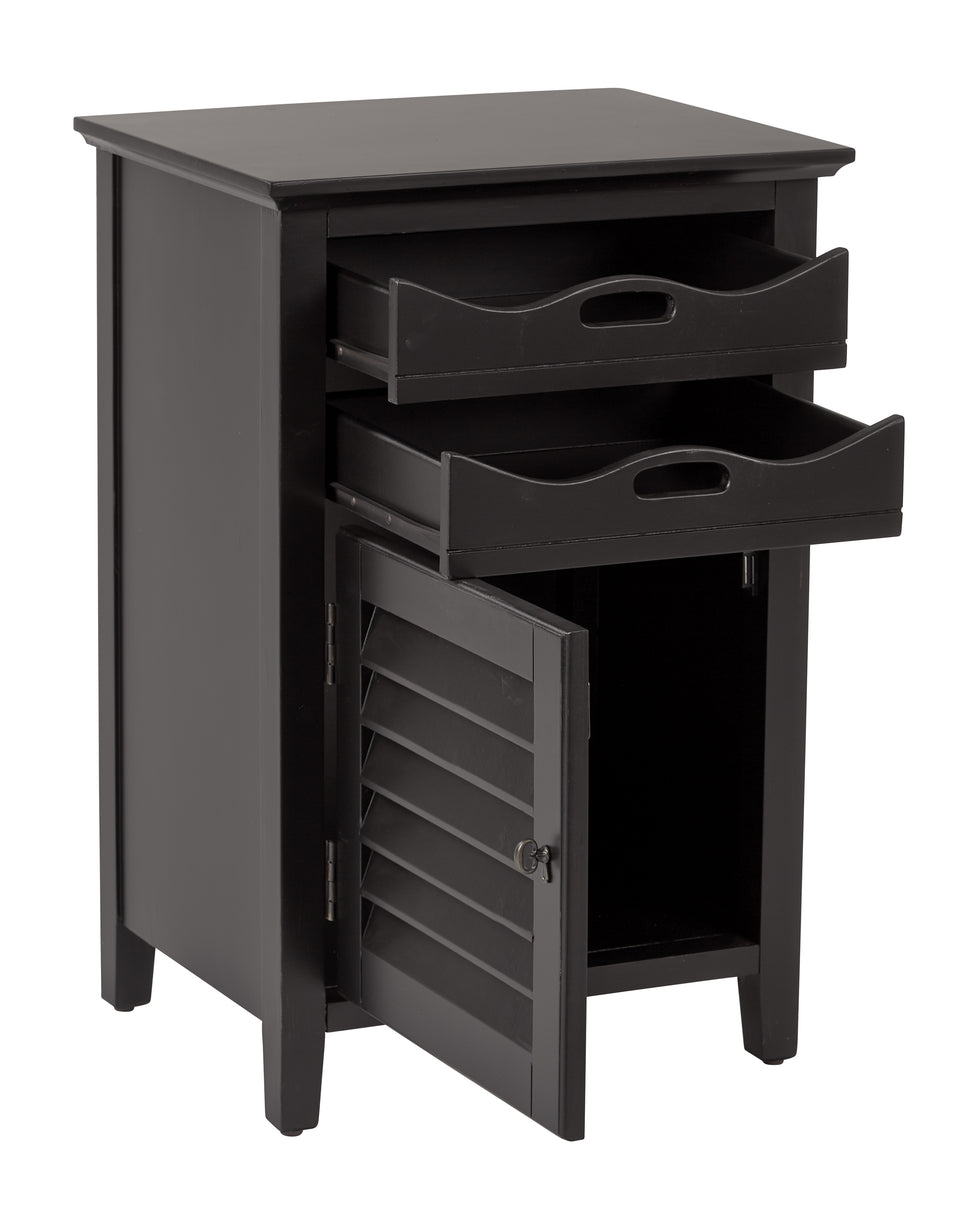 charlotte side table shutter door and two letter tray slide out drawers in black open