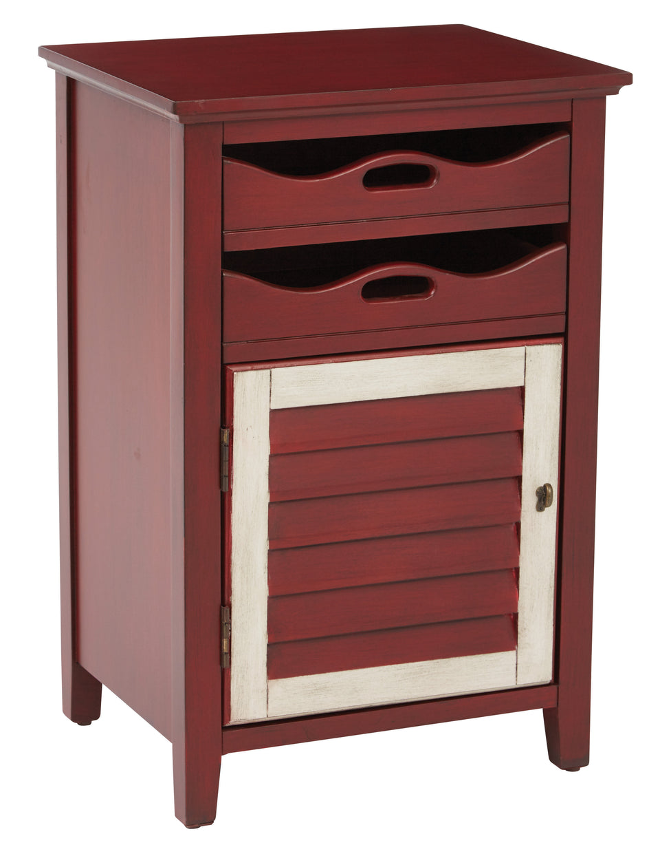 charlotte side table shutter door and two letter tray slide out drawers in schoolhouse red