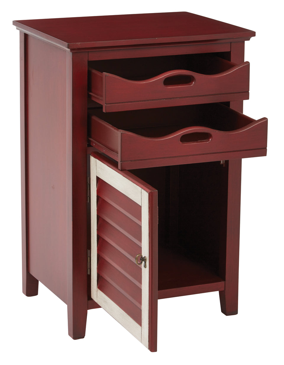 charlotte side table shutter door and two letter tray slide out drawers in schoolhouse red open
