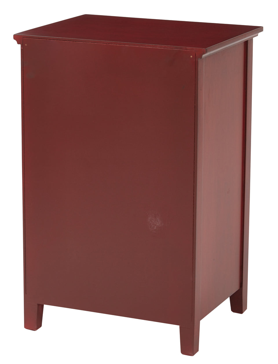 charlotte side table shutter door and two letter tray slide out drawers in schoolhouse red back view