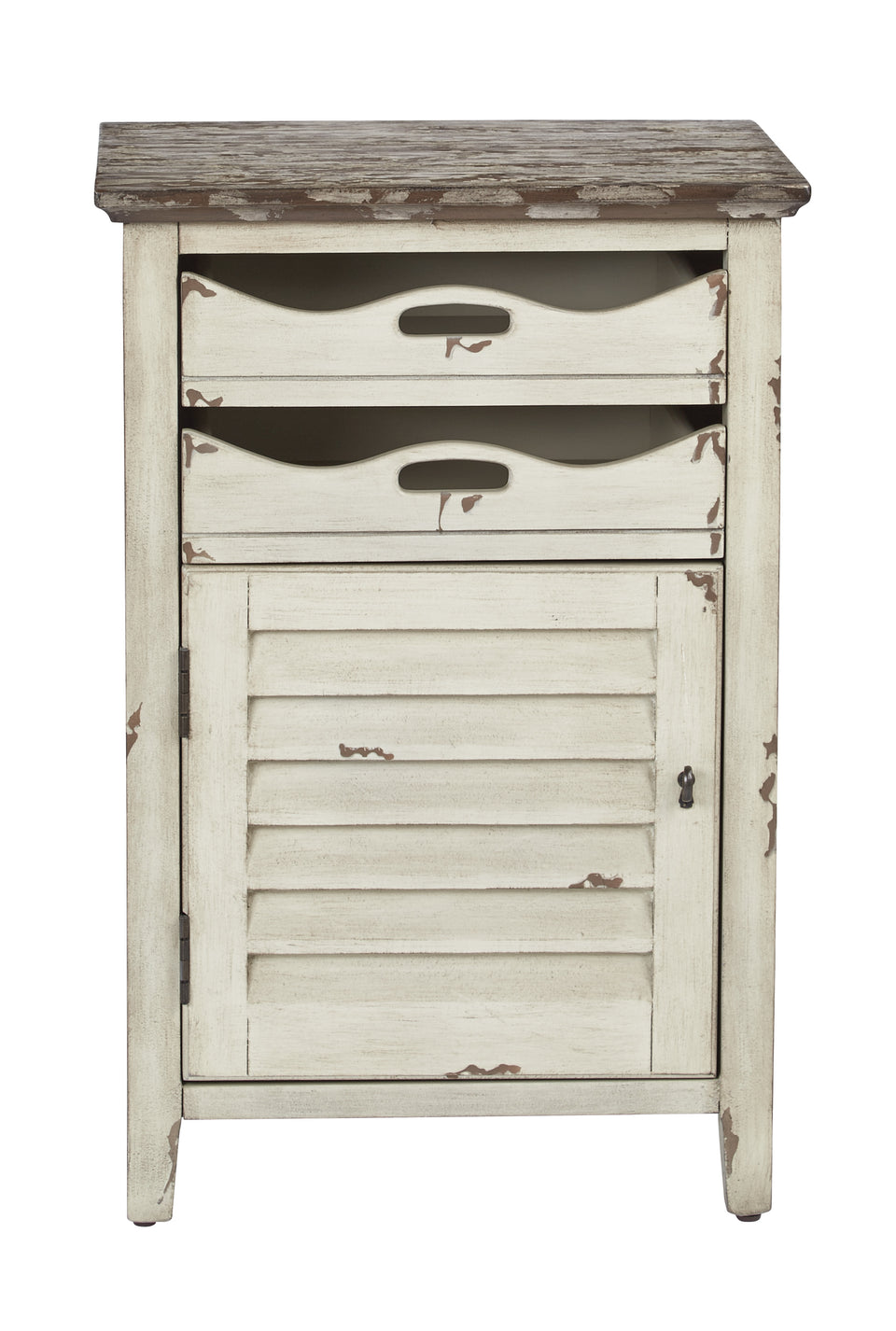charlotte side table shutter door and two letter tray slide out drawers in distressed white front
