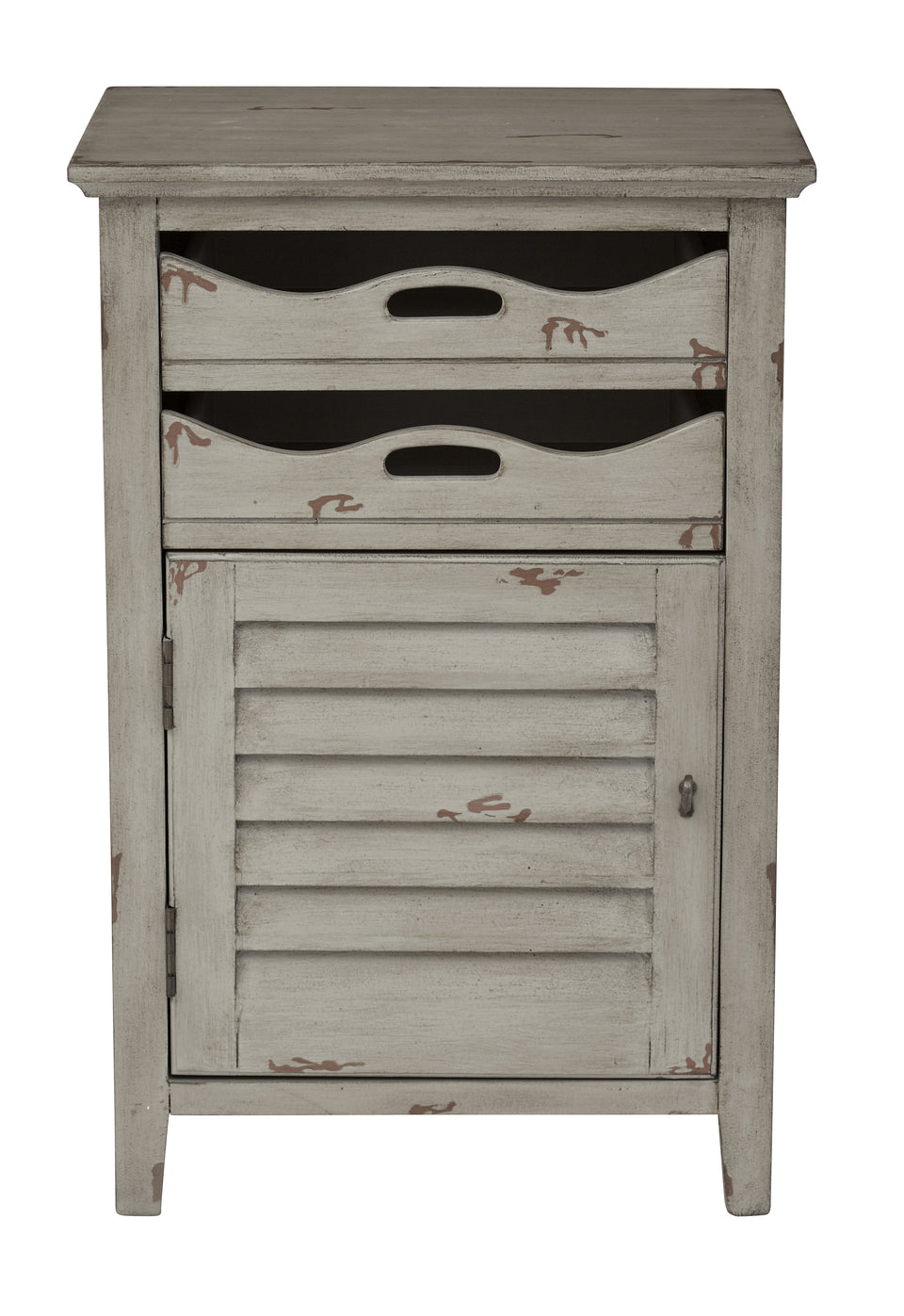 charlotte side table shutter door and two letter tray slide out drawers in distressed gray front view