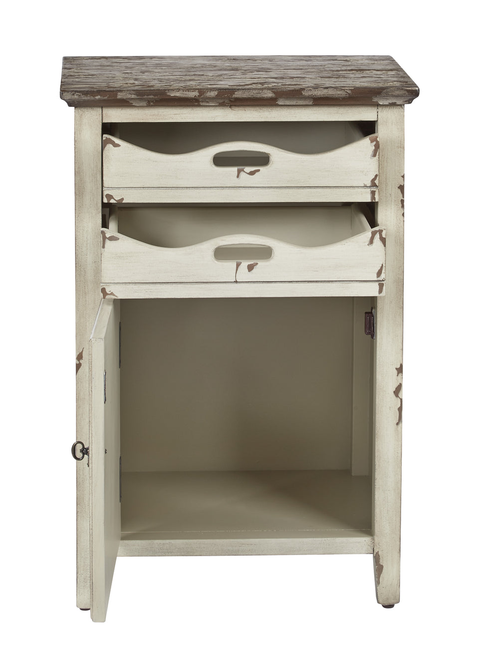 charlotte side table shutter door and two letter tray slide out drawers in distressed white open front view