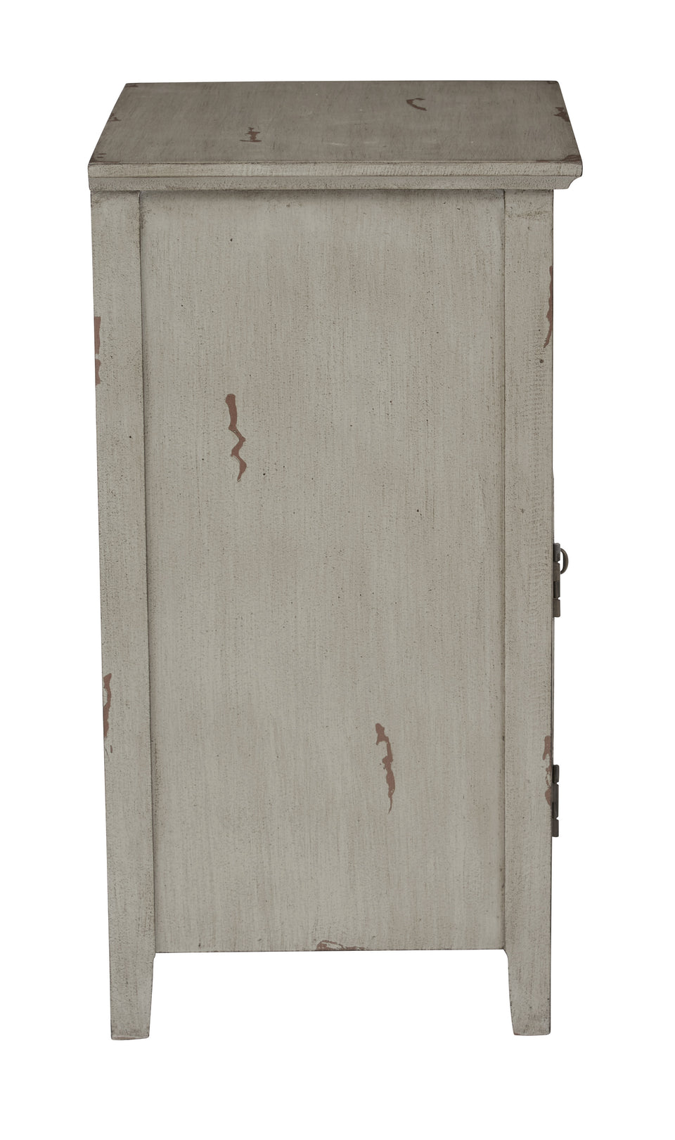 charlotte side table shutter door and two letter tray slide out drawers in distressed gray side view