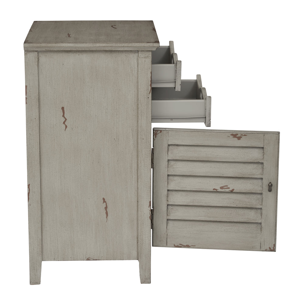 charlotte side table shutter door and two letter tray slide out drawers in distressed gray side view open