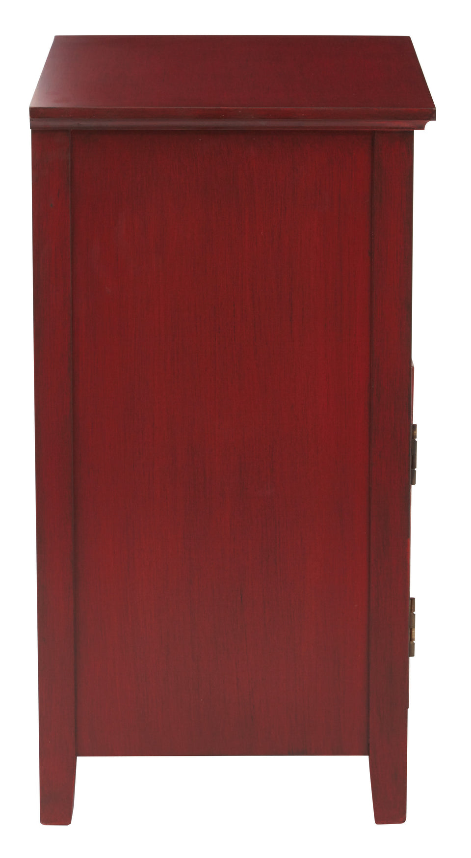 charlotte side table shutter door and two letter tray slide out drawers in schoolhouse red side view