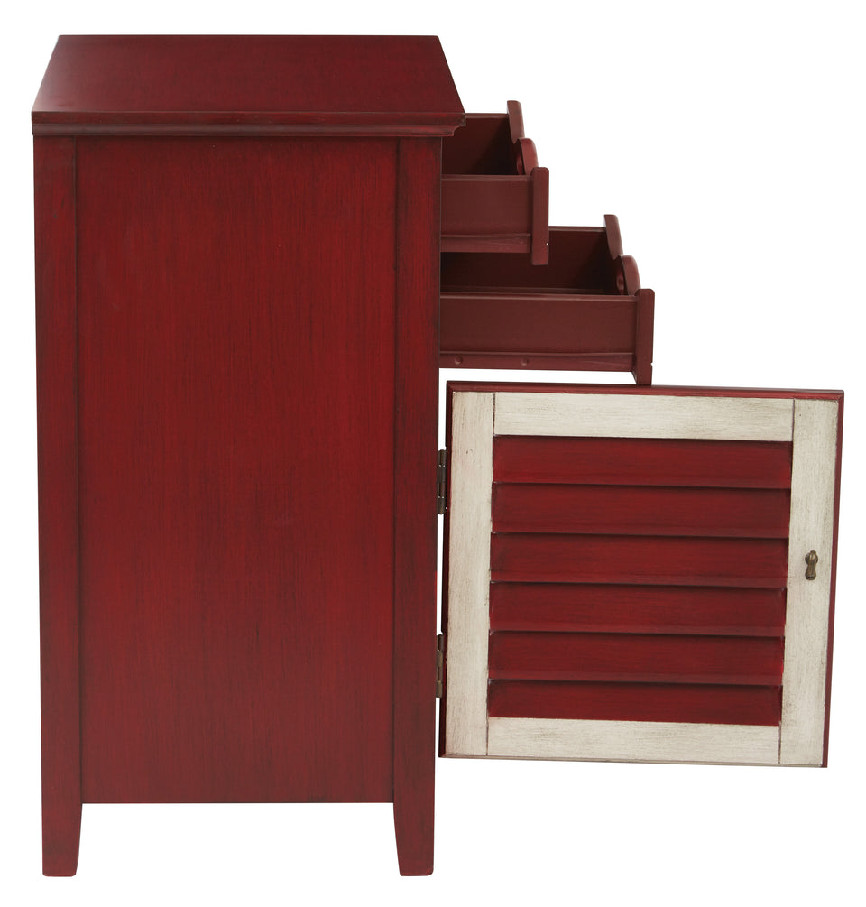 charlotte side table shutter door and two letter tray slide out drawers in schoolhouse red side view open