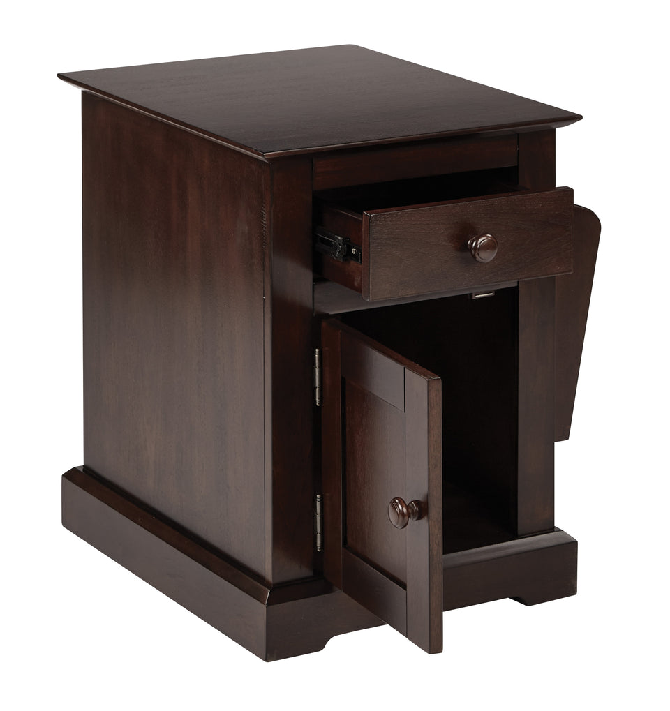 colette walnut side table with drawer and magazine holder open angle view