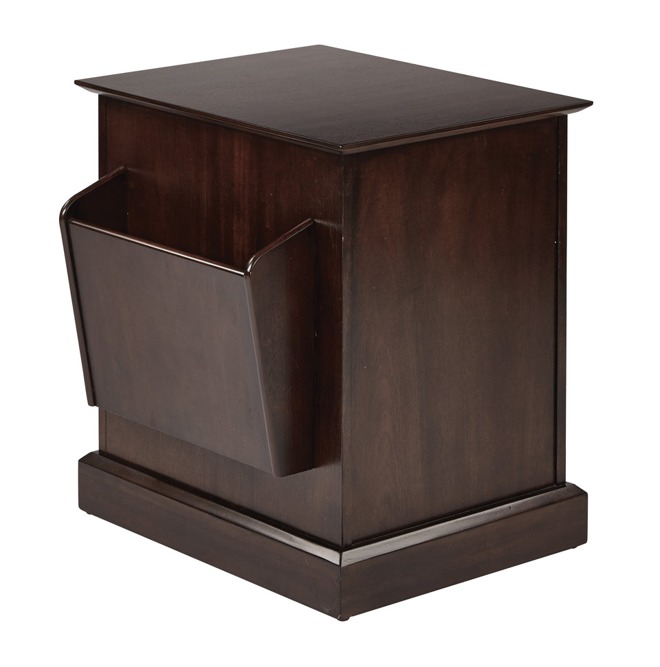 colette walnut side table with drawer and magazine holder angle view