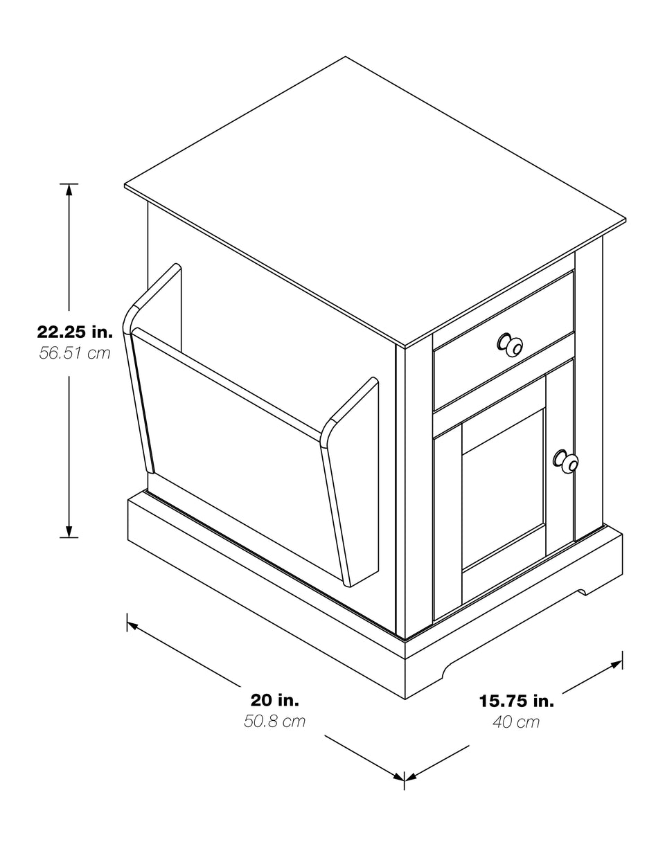 colette walnut side table with drawer and magazine holder 3d black and white schematic