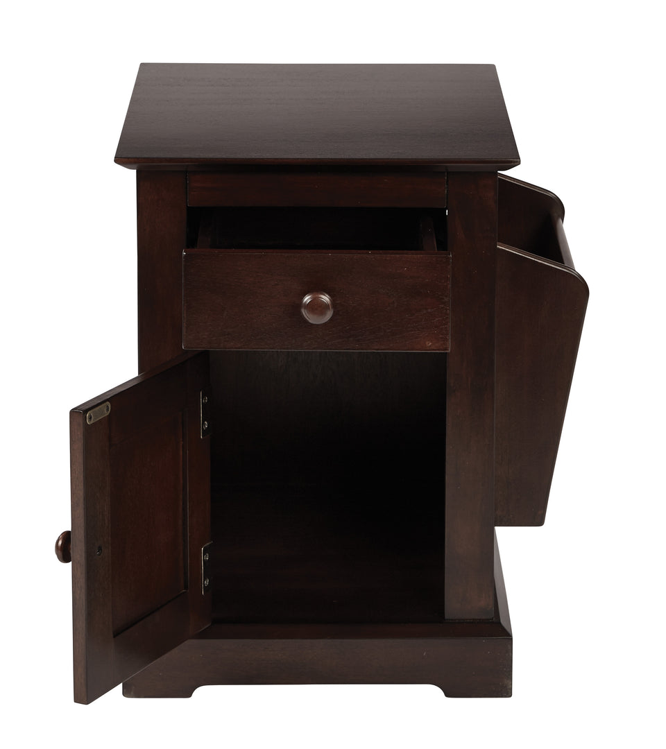 colette walnut side table with drawer and magazine holder open front view