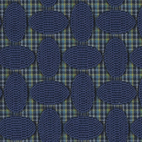 navy blue circle geometric pattern on top of white, blue, green plaid by Designtex Ainsley, color Cobalt