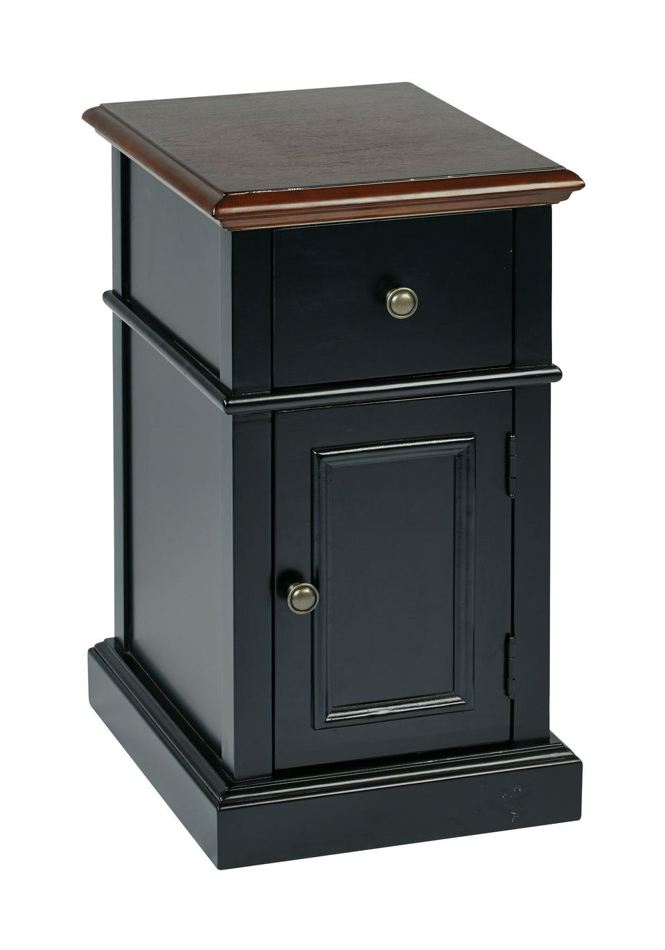 oxford two tone walnut and blalck side table with single drawer and door with metal knob closed
