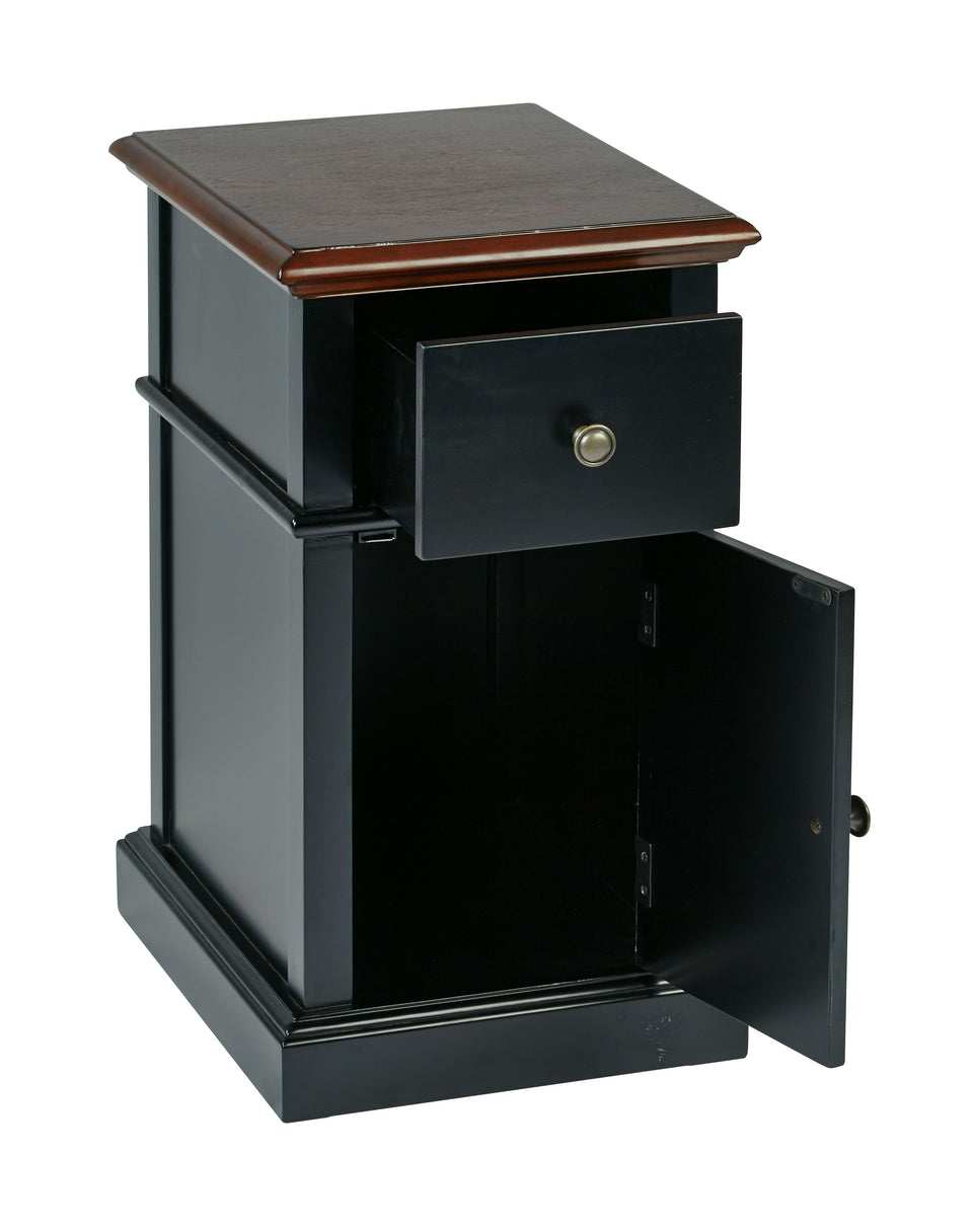 oxford two tone walnut and blalck side table with single drawer and door with metal knob open view