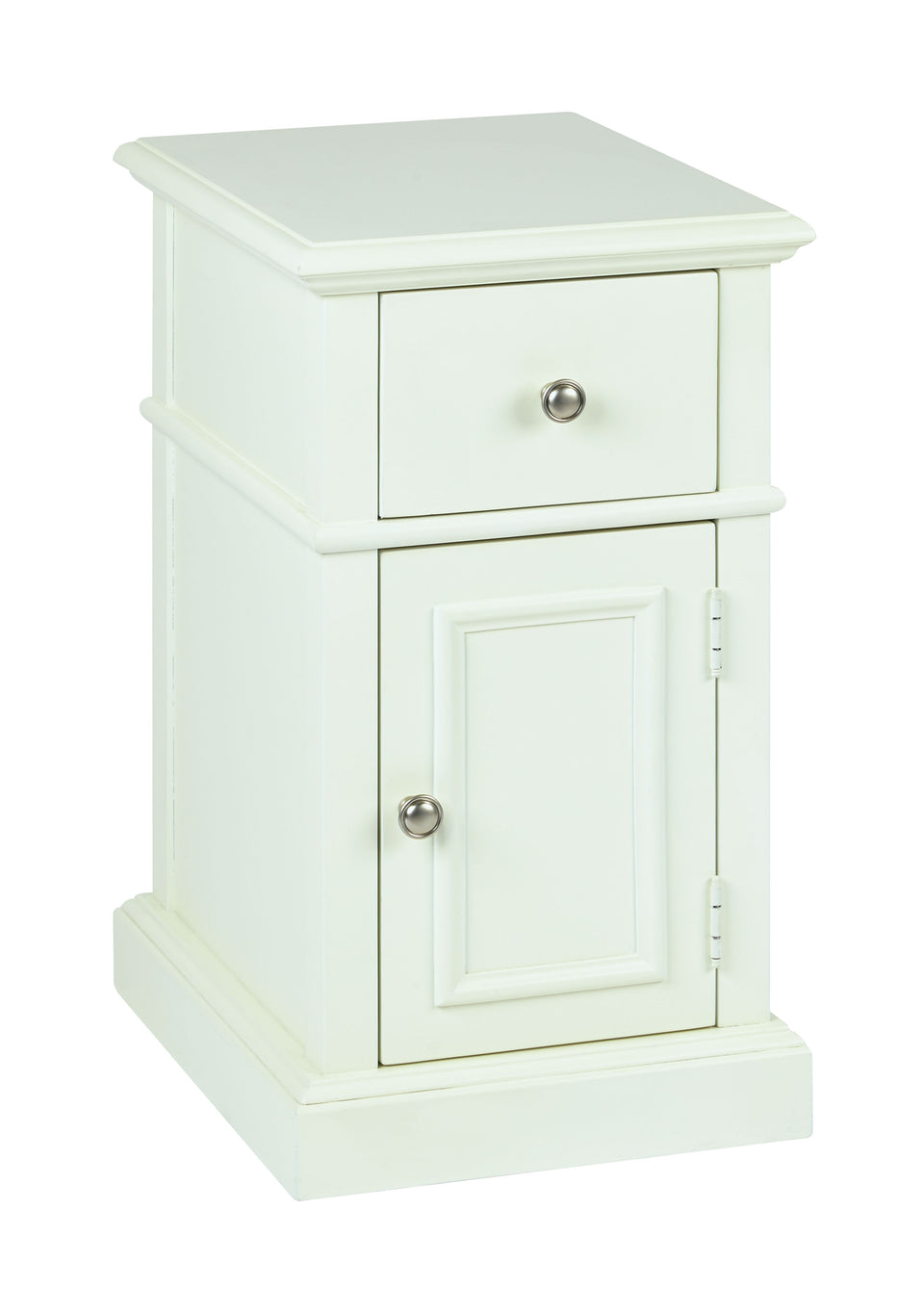 oxford white side table with single drawer and door with metal knob closed view
