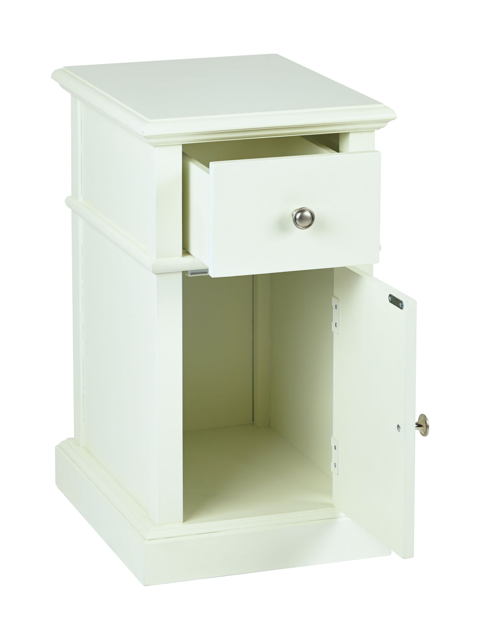 oxford white side table with single drawer and door with metal knob open view