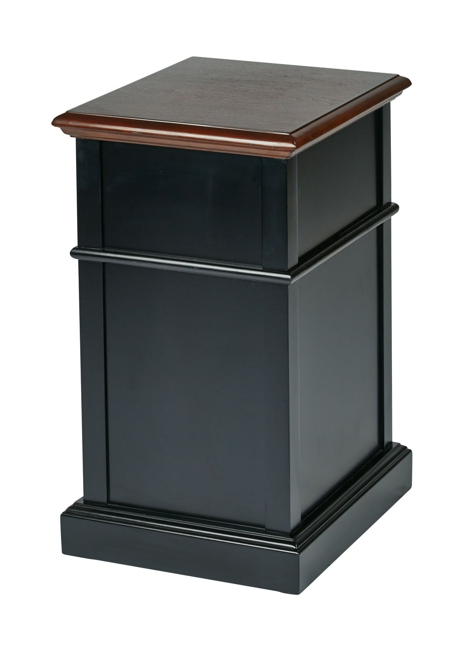 oxford two tone walnut and black side table with single drawer and door with metal knob back