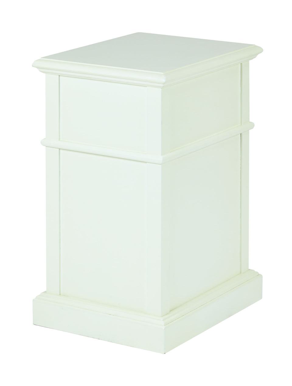 oxford white side table with single drawer and door with metal knob back angle view