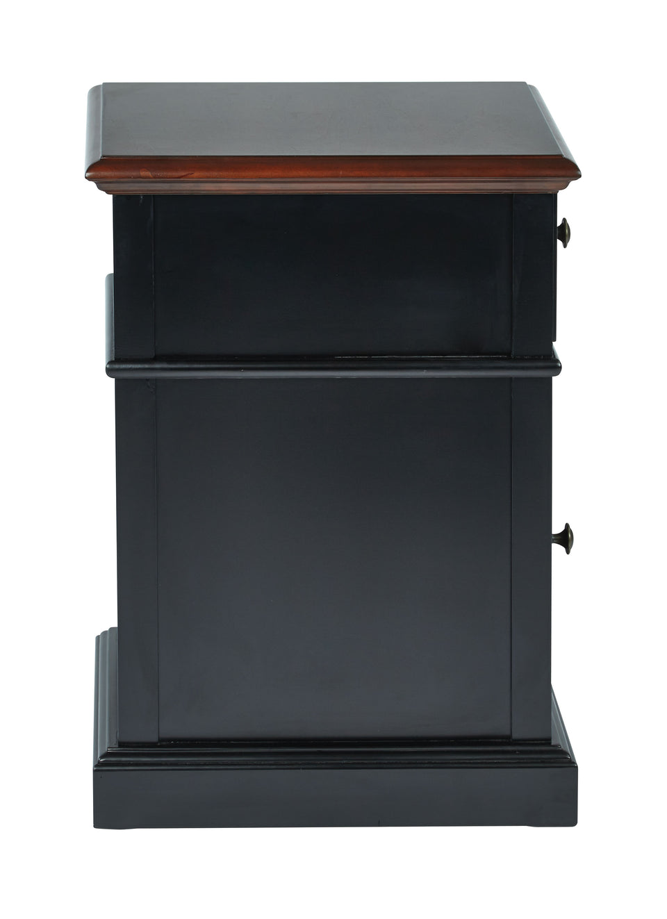 oxford two tone walnut and black side table with single drawer and door with metal knob side view