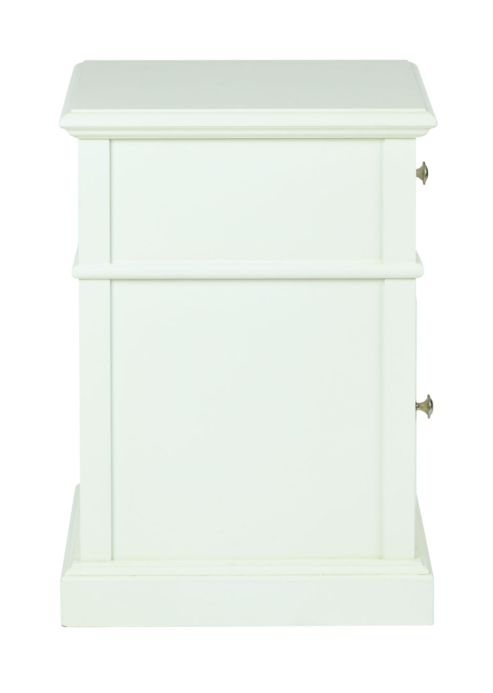 oxford white side table with single drawer and door with metal knob side view